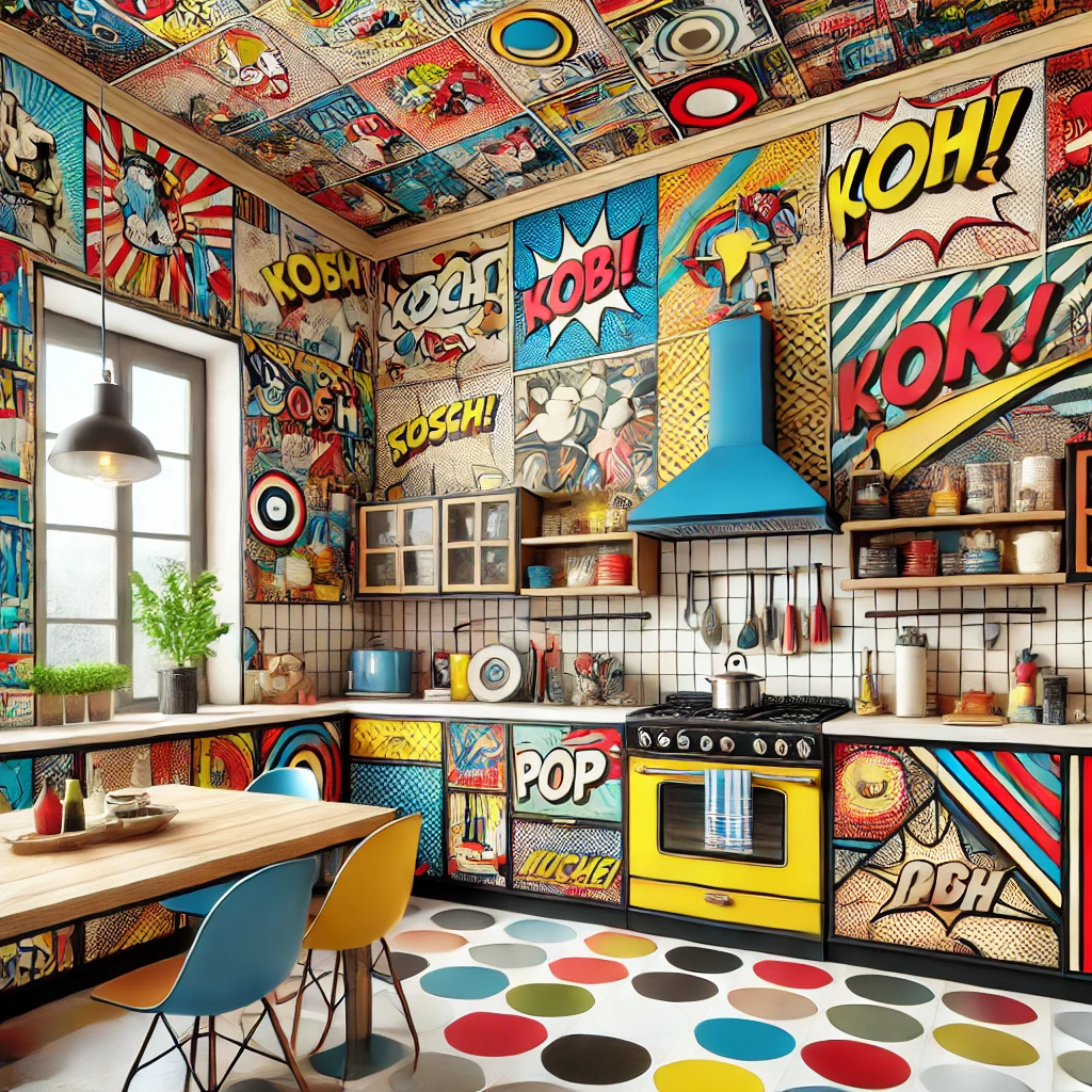 Pop Art tarzında oluşturulmuş, Oil Painting tekniğiyle tasarlanmış bir mutfak görseli.