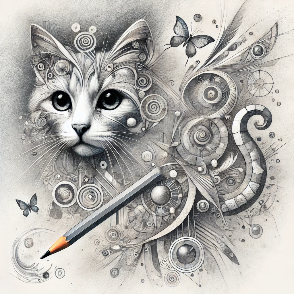Sürealizm tarzında oluşturulmuş, Pencil Sketch tekniğiyle tasarlanmış bir kedi görseli.